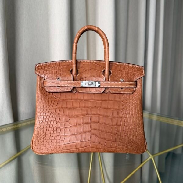 Birkin-25-Matte-Fauve-Alligator Birkin 25 Fauve Matte Alligator Gold Hardware matte brown exotic leather luxury handbag