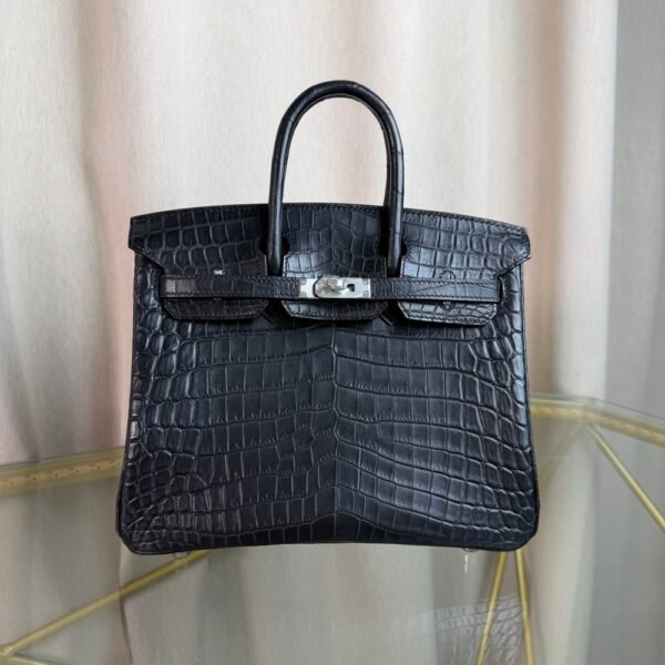 Matte Black Niloticus Crocodile 25cm Top Handle Bag with Palladium Hardware Premium Matte Black Niloticus Crocodile 25cm Top Handle Bag Silver Hardware front view