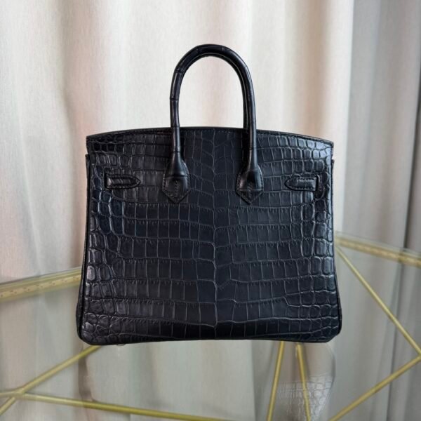 Matte Black Niloticus Crocodile 25cm Top Handle Bag with Palladium Hardware Premium Matte Black Niloticus Crocodile 25cm Top Handle Bag Silver Hardware front view