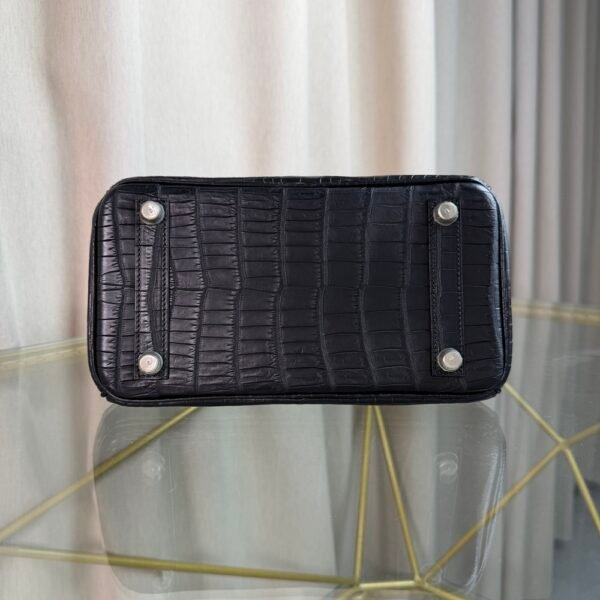 Matte Black Niloticus Crocodile 25cm Top Handle Bag with Palladium Hardware Premium Matte Black Niloticus Crocodile 25cm Top Handle Bag Silver Hardware front view