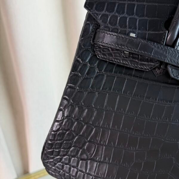 Matte Black Niloticus Crocodile 25cm Top Handle Bag with Palladium Hardware Premium Matte Black Niloticus Crocodile 25cm Top Handle Bag Silver Hardware front view
