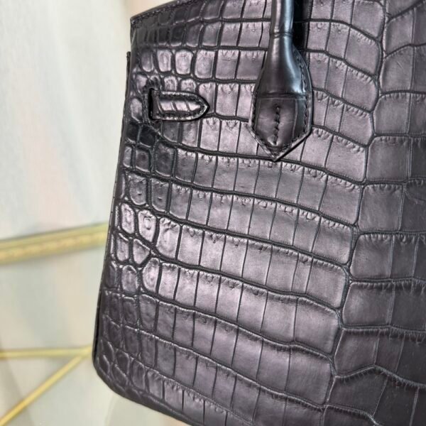 Matte Black Niloticus Crocodile 25cm Top Handle Bag with Palladium Hardware Premium Matte Black Niloticus Crocodile 25cm Top Handle Bag Silver Hardware front view