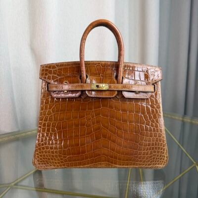 Miel Shiny Niloticus Crocodile Birkin 25 Retourne Gold Hardware Front view of a Birkin 25 bag in Miel shiny Niloticus crocodile leather with gold hardware.