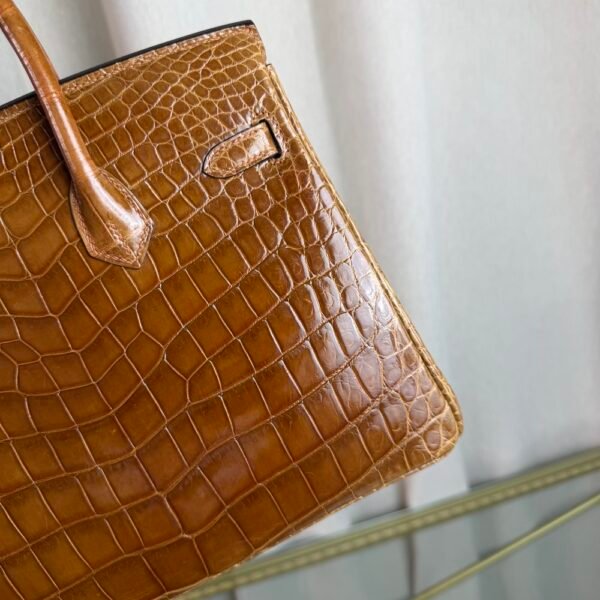 Miel Shiny Niloticus Crocodile Birkin 25 Retourne Gold Hardware Front view of a Birkin 25 bag in Miel shiny Niloticus crocodile leather with gold hardware.
