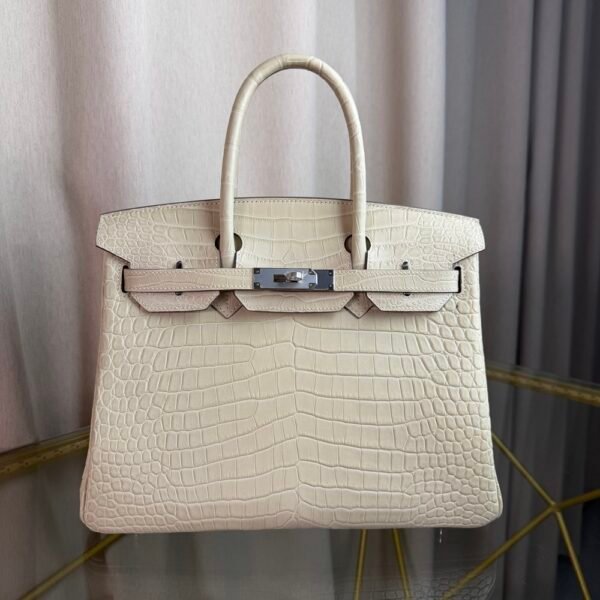 Glacier White Matte Alligator Birkin 30 Bag Front view of a luxury Birkin 30 bag in Glacier White matte Alligator leather with palladium hardware.