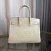 Glacier White Matte Alligator Birkin 30 Bag Front view of a luxury Birkin 30 bag in Glacier White matte Alligator leather with palladium hardware.