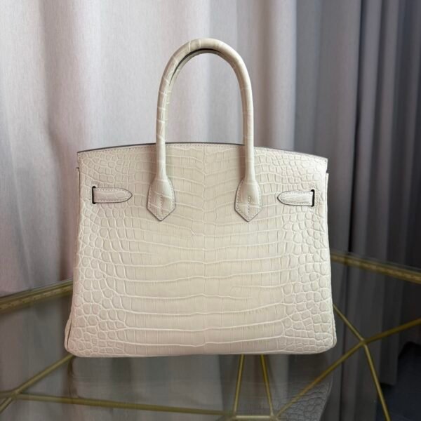 Glacier White Matte Alligator Birkin 30 Bag Front view of a luxury Birkin 30 bag in Glacier White matte Alligator leather with palladium hardware.