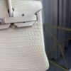 Glacier White Matte Alligator Birkin 30 Bag Front view of a luxury Birkin 30 bag in Glacier White matte Alligator leather with palladium hardware.
