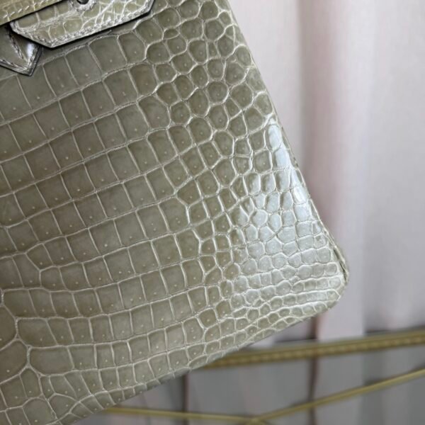 Gris Tourterelle Shiny Porosus Crocodile Birkin 30 Bag Front view of a luxury Birkin 30 bag in Gris Tourterelle shiny Porosus crocodile leather with gold hardware.