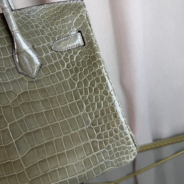 Gris Tourterelle Shiny Porosus Crocodile Birkin 30 Bag Front view of a luxury Birkin 30 bag in Gris Tourterelle shiny Porosus crocodile leather with gold hardware.