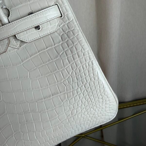 Blanc Matte Alligator Birkin 30 Bag Front view of a luxury Birkin 30 bag in Blanc matte Alligator leather with palladium hardware.