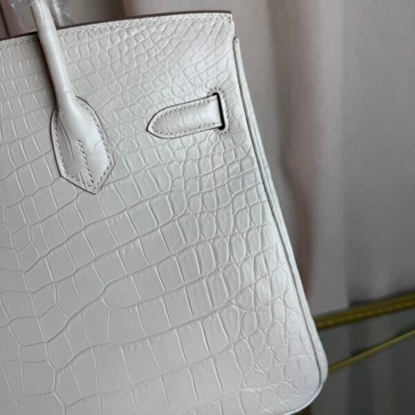 Blanc Matte Alligator Birkin 30 Bag Front view of a luxury Birkin 30 bag in Blanc matte Alligator leather with palladium hardware.