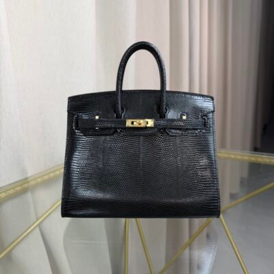 Birkin-Sellier-20-Black-Shiny-Lizard-Gold-Hardware Birkin Sellier 20 Black Shiny Lizard Gold Hardware bag front view
