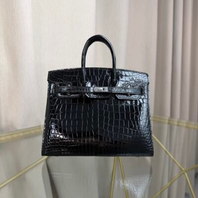 Birkin-Sellier-20-Black-Shiny-Porosus-Crocodile-Palladium-Hardware Birkin Sellier 20 Black Shiny Porosus Crocodile Palladium Hardware bag front view