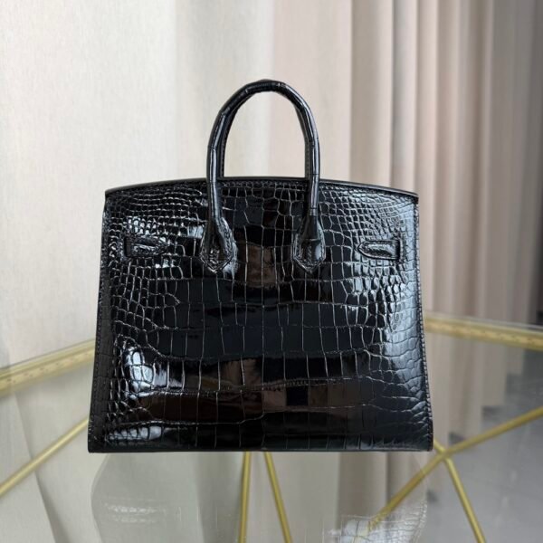Birkin-Sellier-20-Black-Shiny-Porosus-Crocodile-Palladium-Hardware Birkin Sellier 20 Black Shiny Porosus Crocodile Palladium Hardware bag front view