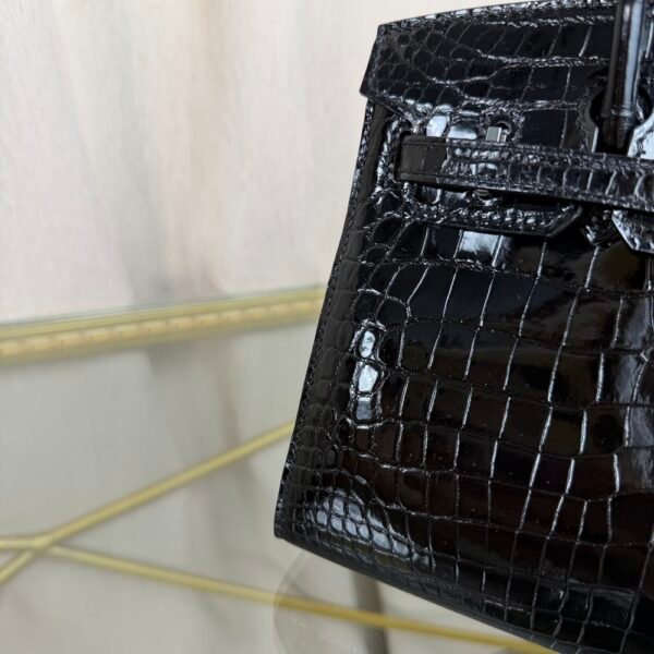 Birkin-Sellier-20-Black-Shiny-Porosus-Crocodile-Palladium-Hardware Birkin Sellier 20 Black Shiny Porosus Crocodile Palladium Hardware bag front view