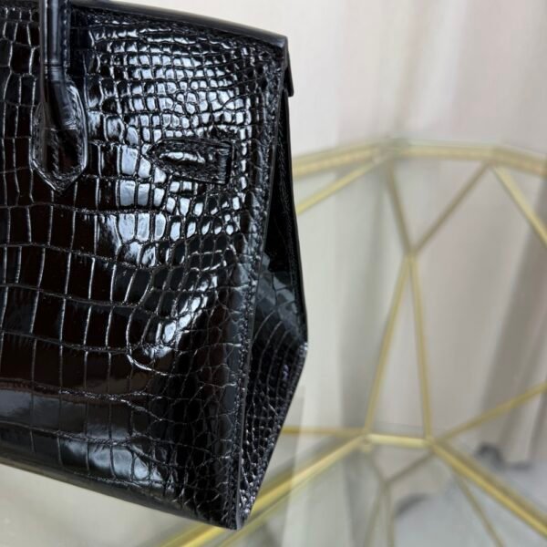 Birkin-Sellier-20-Black-Shiny-Porosus-Crocodile-Palladium-Hardware Birkin Sellier 20 Black Shiny Porosus Crocodile Palladium Hardware bag front view