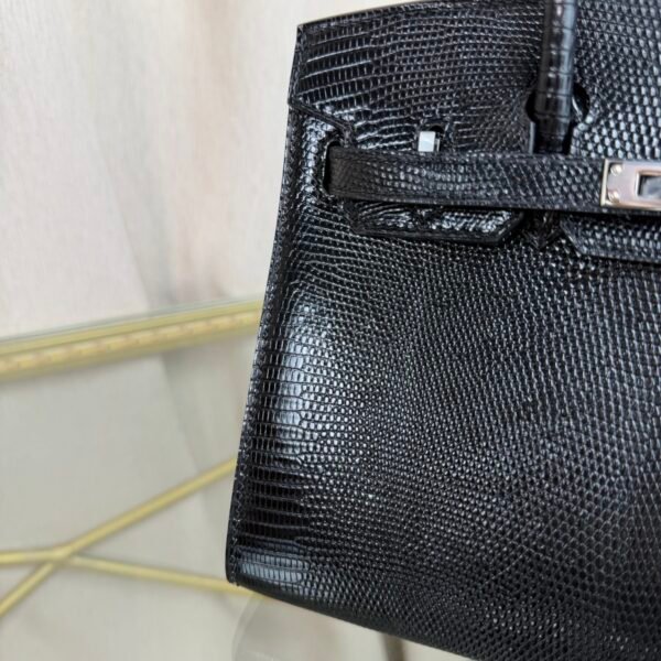 Birkin-Sellier-20-Black-Shiny-Lizard-Silver-Hardware Birkin Sellier 20 Black Shiny Lizard Silver Hardware bag front view