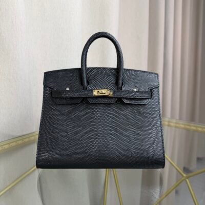 Birkin-Sellier-20-Black-Shiny-Lizard-Gold-Hardware Birkin Sellier 20 Black Shiny Lizard Gold Hardware bag front view