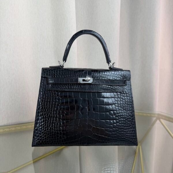 Kelly-Sellier-25-Black-Shiny-Crocodile-Palladium-Hardware Kelly Sellier 25 Black Shiny Crocodile Palladium Hardware bag