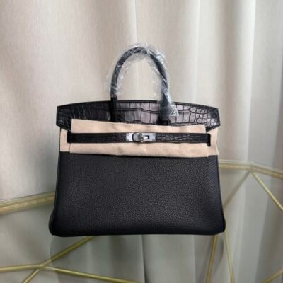 Birkin 25 Retourne Style Black Togo and Matte Alligator Touch Palladium Hardware bag