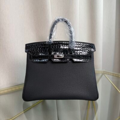 Birkin 25 Retourne Style Black Togo and Shiny Porosus Crocodile Touch Palladium Hardware bag
