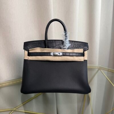 Birkin 25 Retourne Style Black Togo and Matte Alligator Touch Palladium Hardware