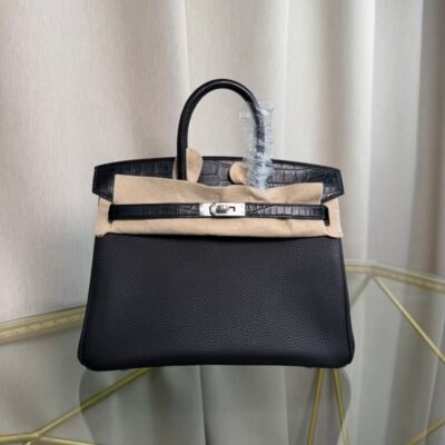 Birkin 25 Retourne Style Black Togo and Matte Niloticus Crocodile Touch Palladium Hardware bag