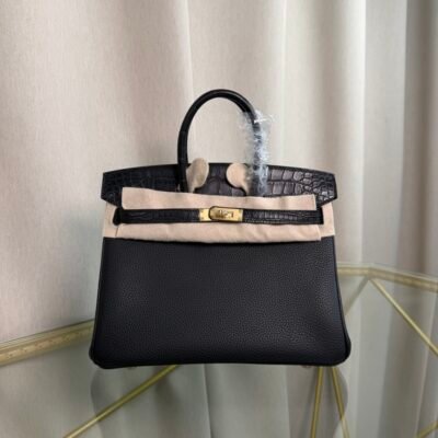 Birkin 25 Retourne Style Black Togo and Shiny Alligator Touch Gold Hardware bag