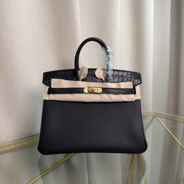 Birkin 25 Retourne Style Black Togo and Shiny Alligator Touch Gold Hardware bag