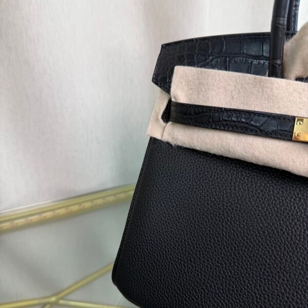 Birkin 25 Retourne Style Black Togo and Shiny Alligator Touch Gold Hardware bag