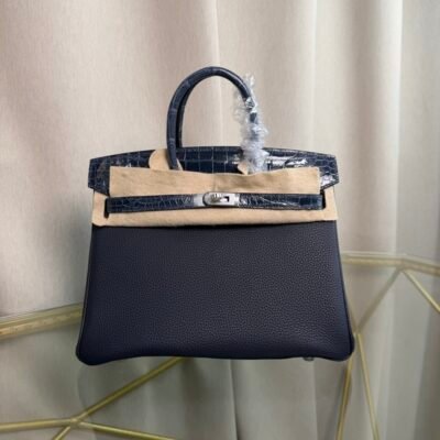Birkin 25 Retourne Style Bleu Nuit Togo and Shiny Niloticus Crocodile Touch Palladium Hardware bag