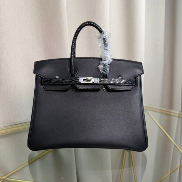 Birkin 25 Retourne Style Black Swift and Lizard Touch Palladium Hardware bag