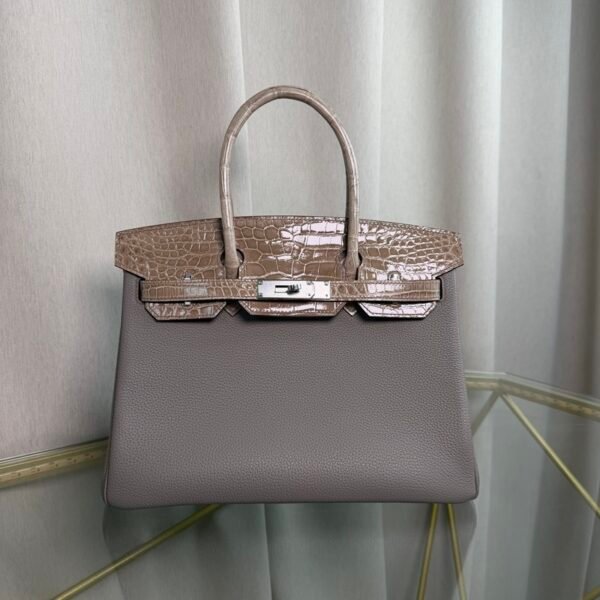 Birkin 30 Retourne Style Etain Togo and Etoupe Shiny Porosus Crocodile Touch Palladium Hardware
