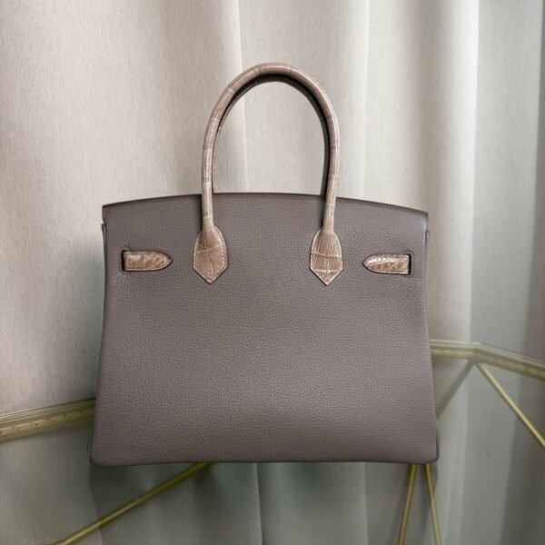 Birkin 30 Retourne Style Etain Togo and Etoupe Shiny Porosus Crocodile Touch Palladium Hardware