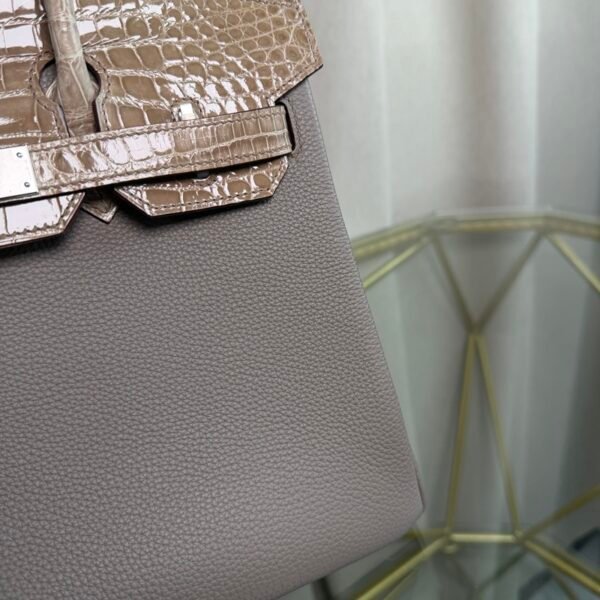 Birkin 30 Retourne Style Etain Togo and Etoupe Shiny Porosus Crocodile Touch Palladium Hardware