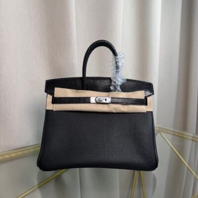 Birkin 25 Retourne Style Black Togo and Lizard Touch Palladium Hardware bag