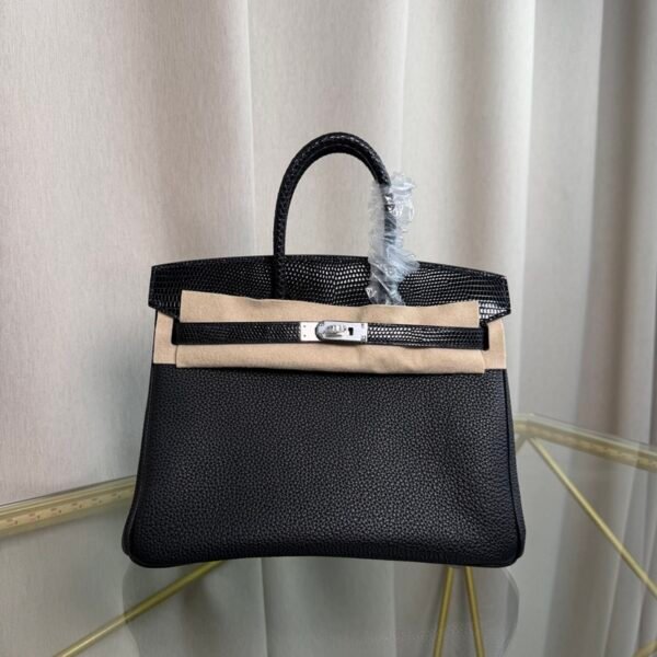 Birkin 25 Retourne Style Black Togo and Lizard Touch Palladium Hardware bag