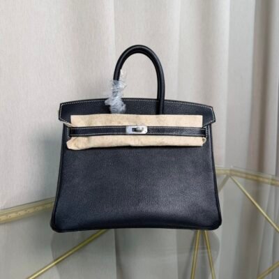 Birkin 25 Retourne Style Noir and Lime Chèvre Mysore with Palladium Hardware