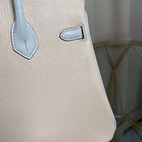 Birkin 25 Retourne Style Nata and Bleu Brume Chèvre Mysore with Brushed Palladium Hardware
