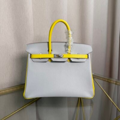 Birkin 25 Retourne Style Gris Perle and Lime Chèvre Mysore with Brushed Palladium Hardware