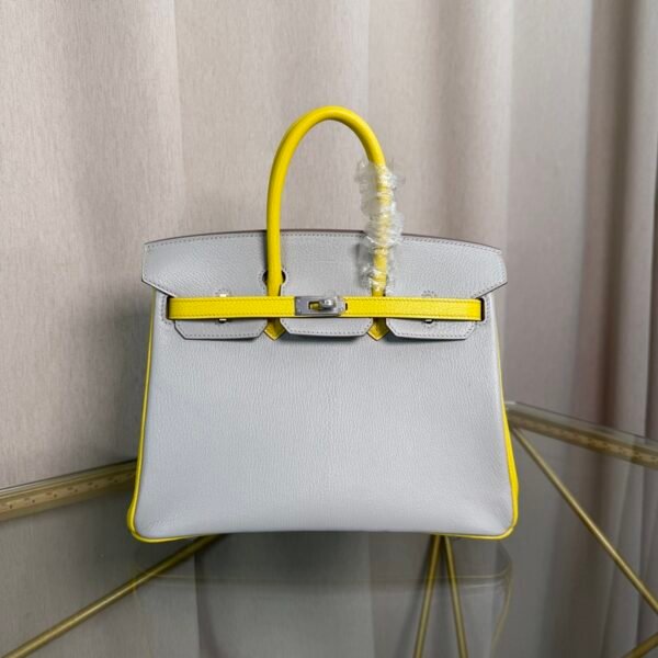 Birkin 25 Retourne Style Gris Perle and Lime Chèvre Mysore with Brushed Palladium Hardware