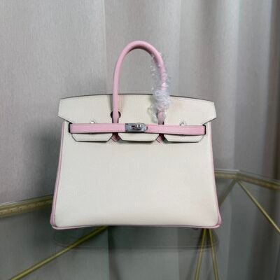 Birkin 25 Retourne Style Nata and Rose Sakura Chèvre Mysore with Brushed Palladium Hardware