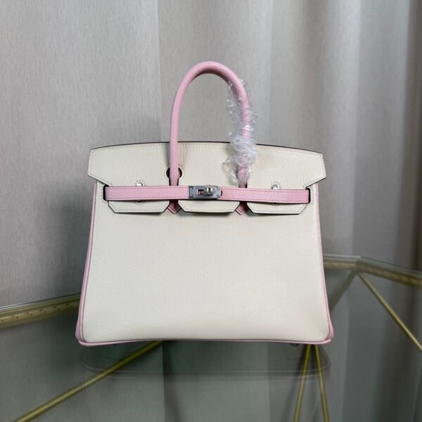 Birkin 25 Retourne Style Nata and Rose Sakura Chèvre Mysore with Brushed Palladium Hardware