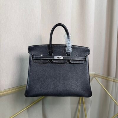 Birkin 25 Retourne Style Noir and Vert Comic Chèvre Mysore with Brushed Palladium Hardware