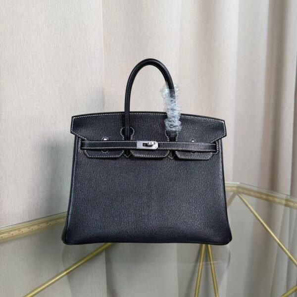 Birkin 25 Retourne Style Noir and Vert Comic Chèvre Mysore with Brushed Palladium Hardware