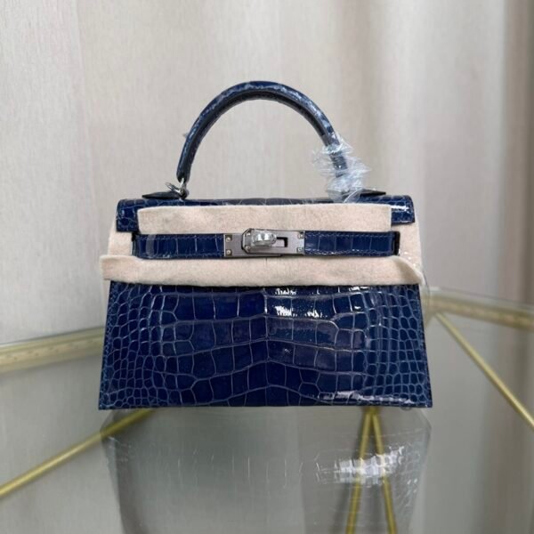 Mini Kelly II Sellier 20 Style Shiny Alligator Bleu Maritime with Palladium Hardware