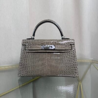 Mini Kelly II Sellier Style 20 Shiny Alligator Gris Tourterelle with Palladium Hardware