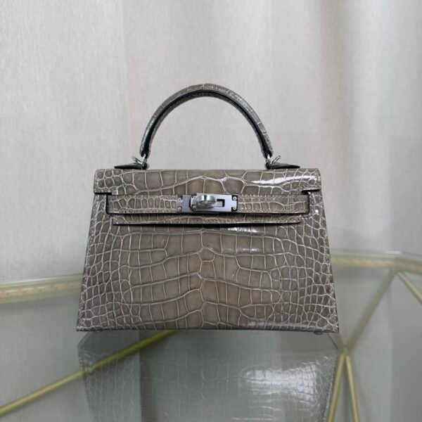 Mini Kelly II Sellier Style 20 Shiny Alligator Gris Tourterelle with Palladium Hardware
