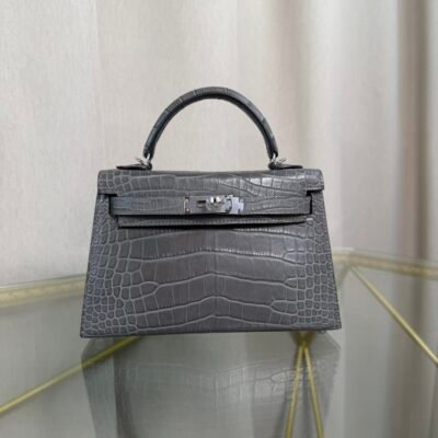 Kelly Sellier 20 Style Bag Gris Ciment Matte Alligator with Palladium Hardware